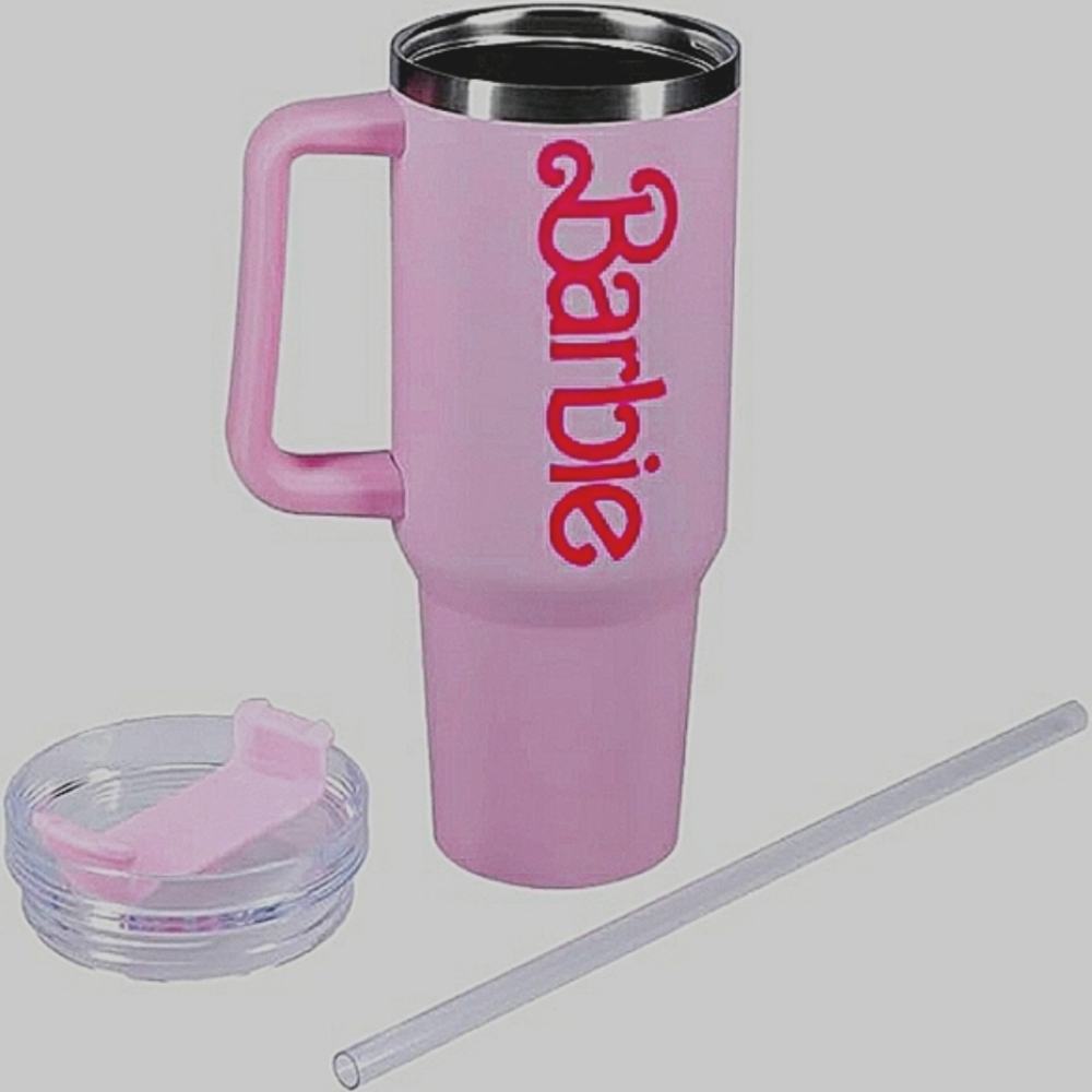 BARBIE OFFICIAL LICENSE PINK LOGO H20 BOTTLE TUMBLER WITH STRAW NIB - Picture 2 of 3